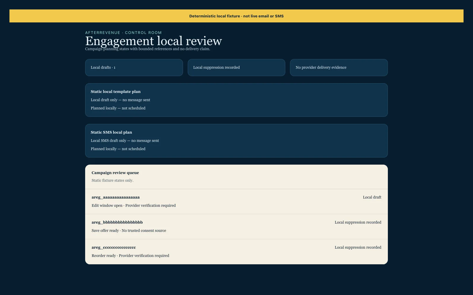 AfterRevenue engagement workspace with local planning states and a review queue