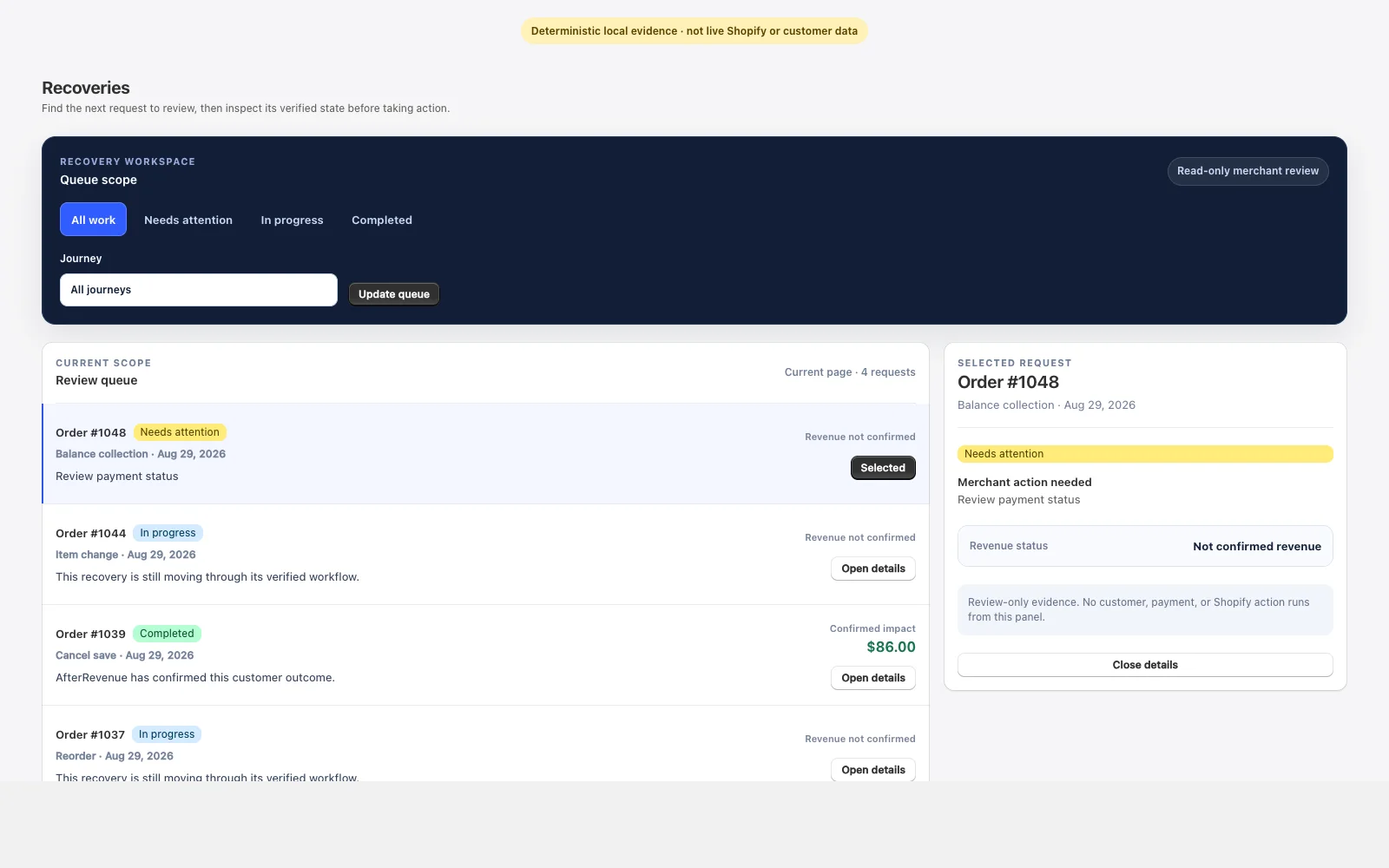 AfterRevenue recoveries workspace with queue filters, request status, and selected-request detail